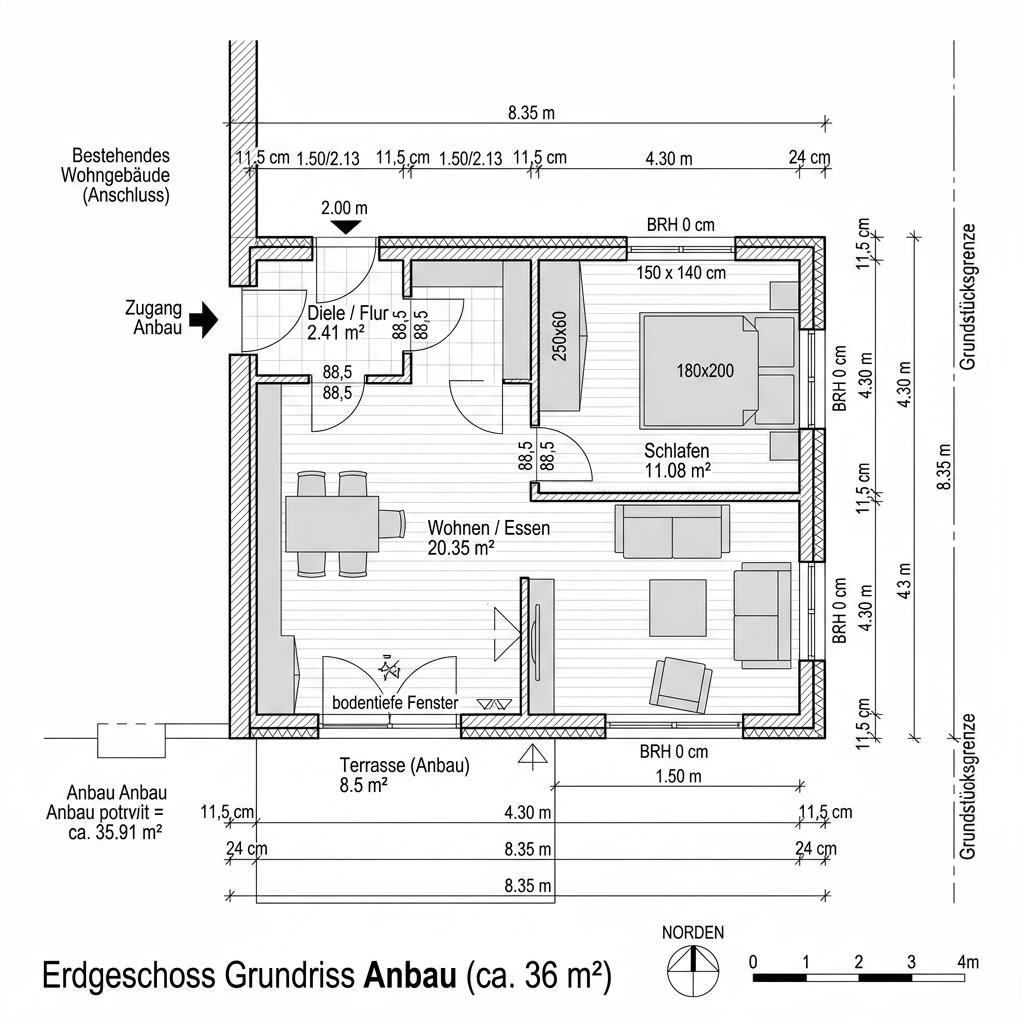 Plattegrond Anbau Modul 36 van Dwellii House — 36 m², 2 kamers