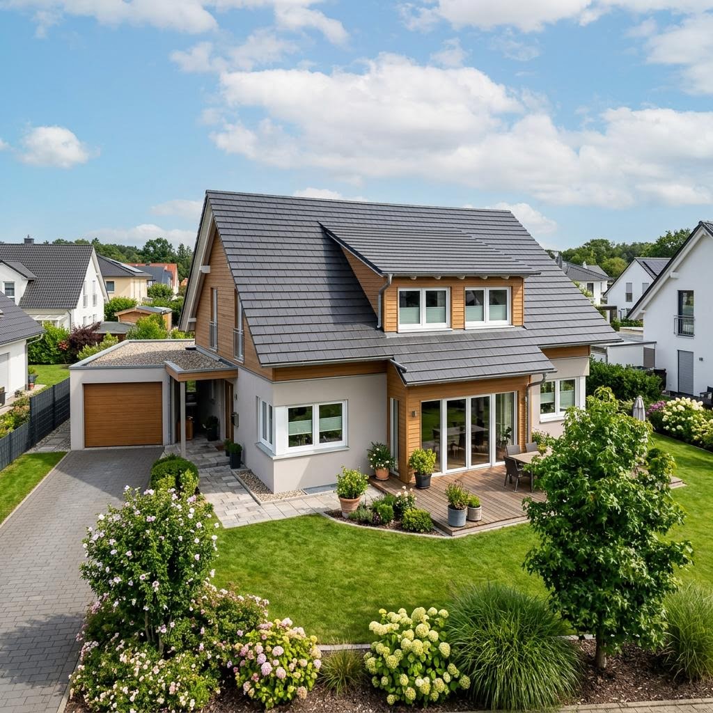 Eengezinswoning Familienhaus Schlepp 141 van Econ Das Haus met aanslepend dakschild — prefab woning van 141 m²