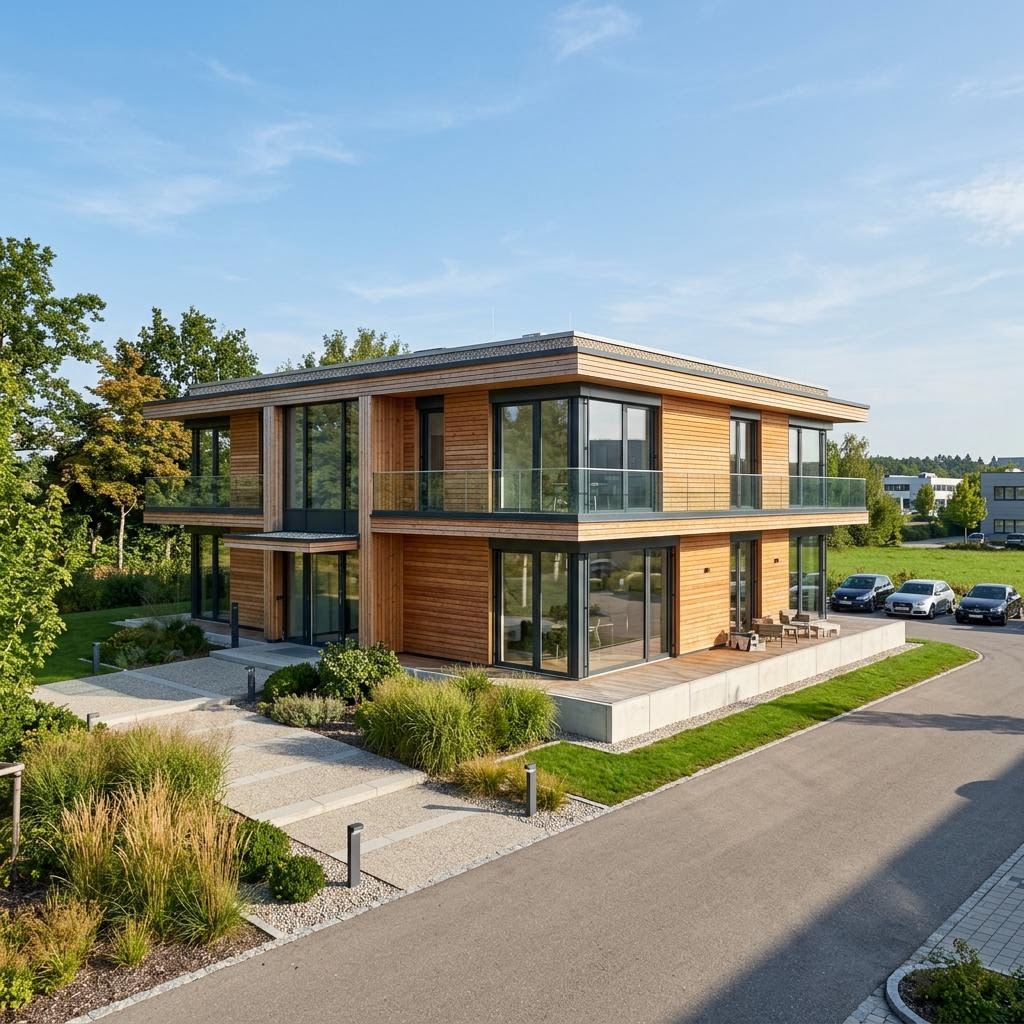 Bedrijfspand Gewerbebau Bürogebäude van Haas Fertigbau met plat dak — prefab woning van 550 m²