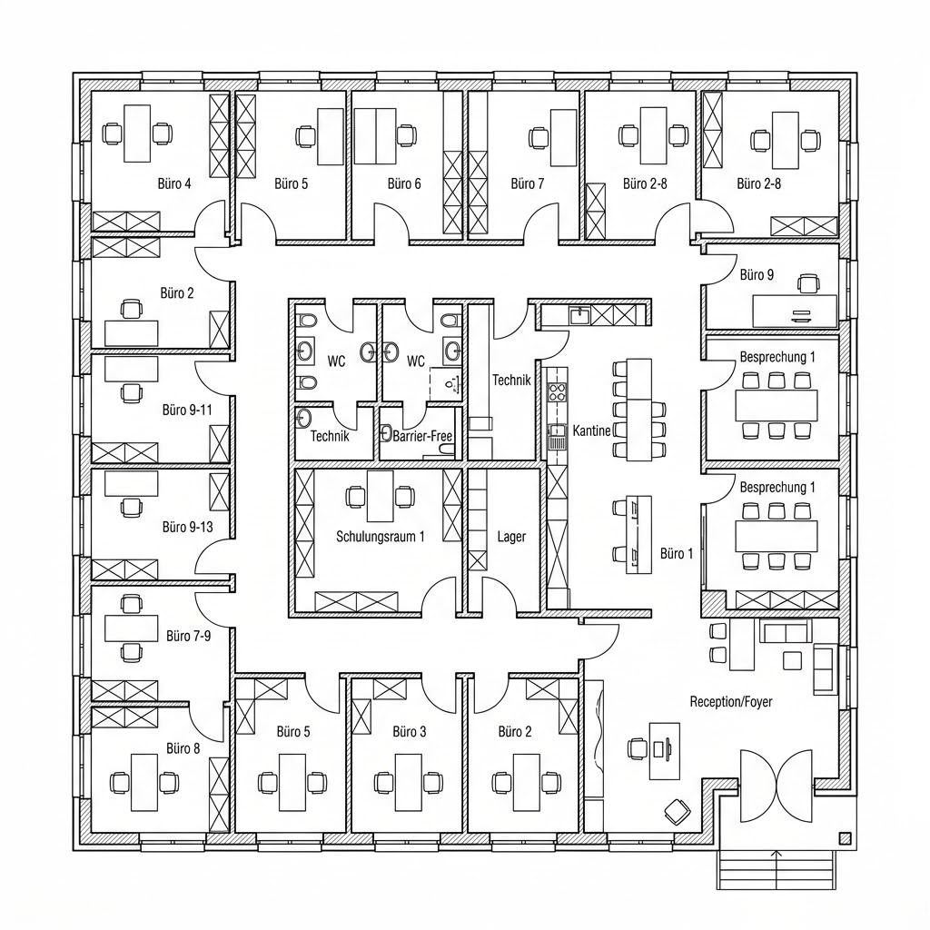 Plattegrond Gewerbebau Bürogebäude van Haas Fertigbau — 550 m², 18 kamers