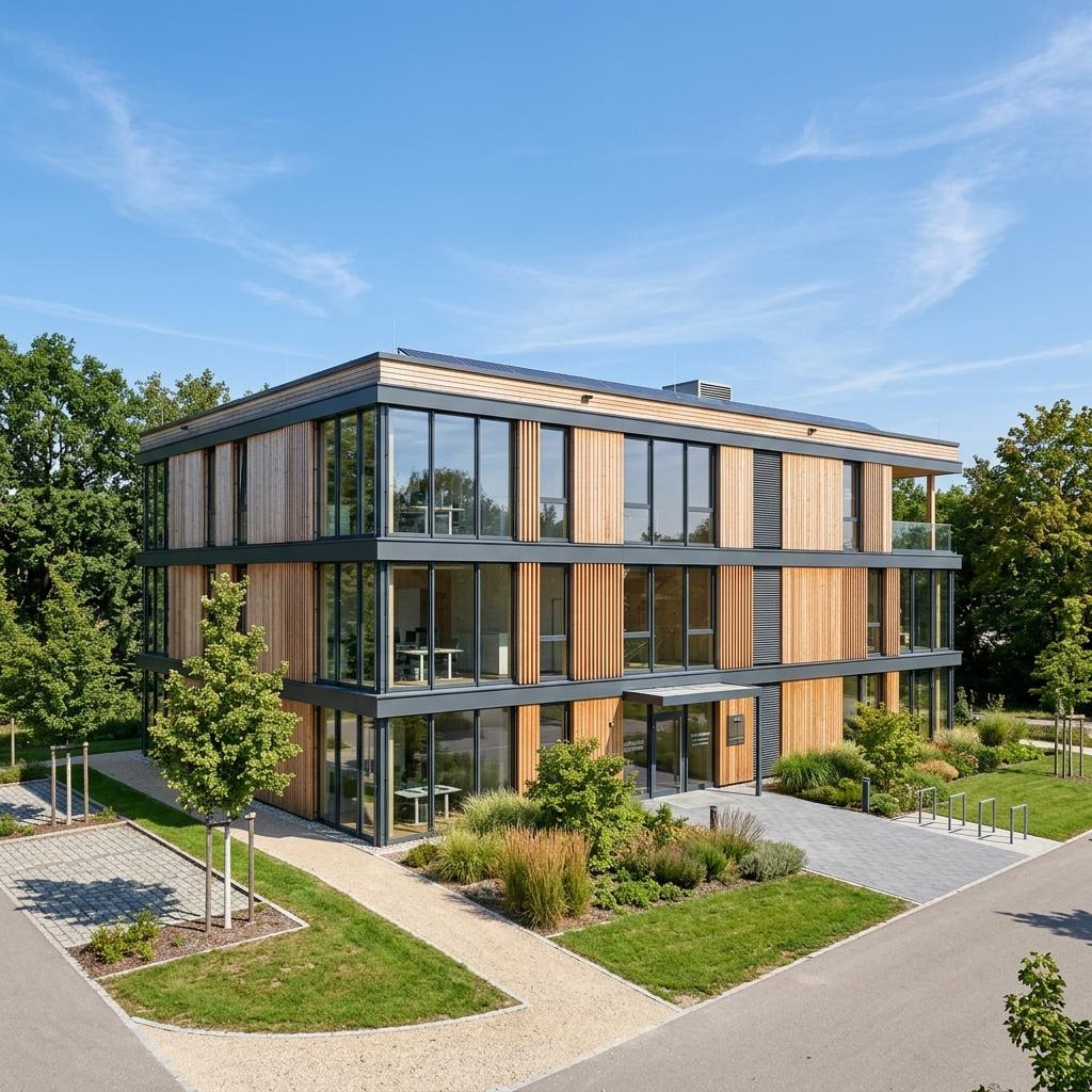 Bedrijfspand Objektbau Bürogebäude van SchwörerHaus met plat dak — prefab woning van 600 m²