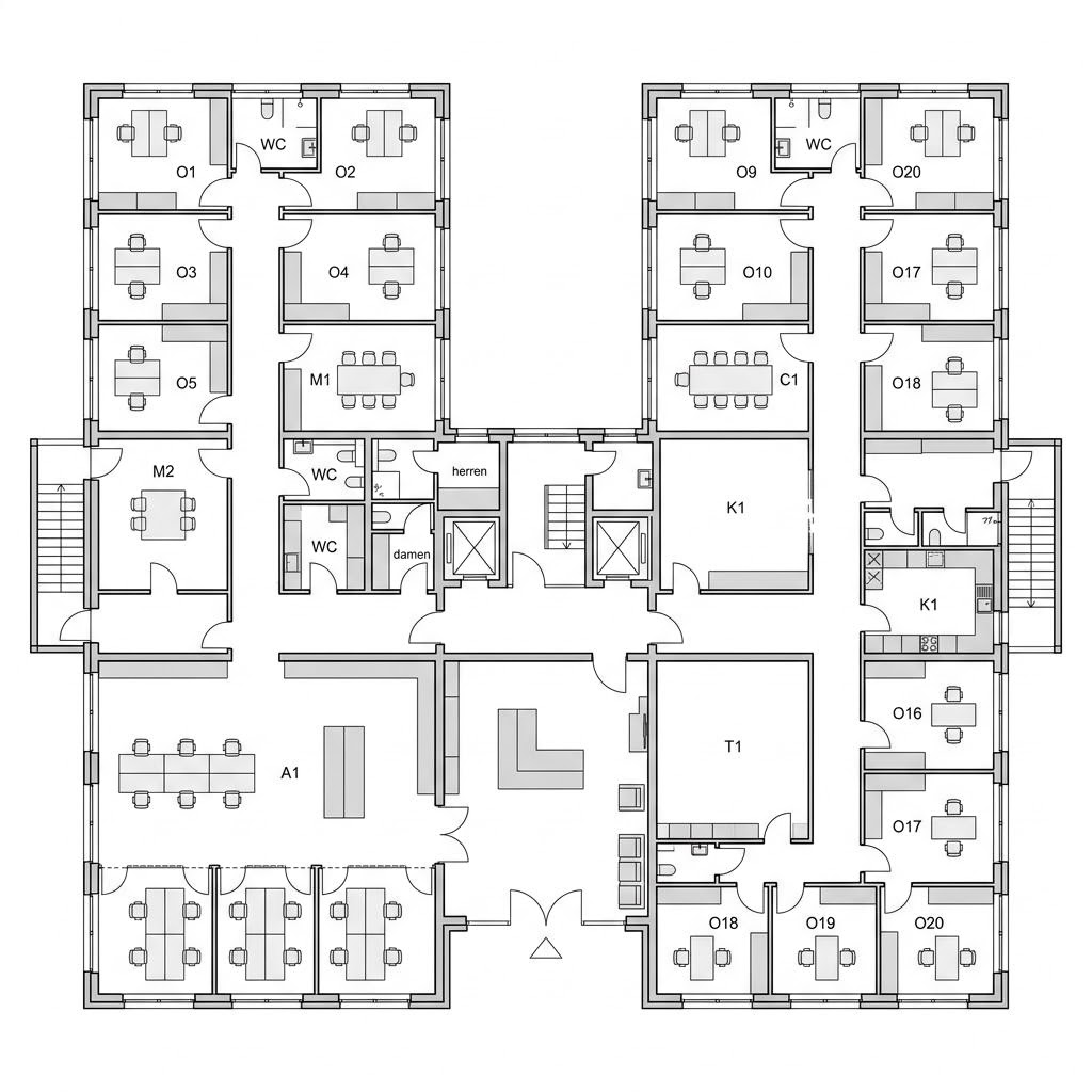 Plattegrond Objektbau Bürogebäude van SchwörerHaus — 600 m², 20 kamers