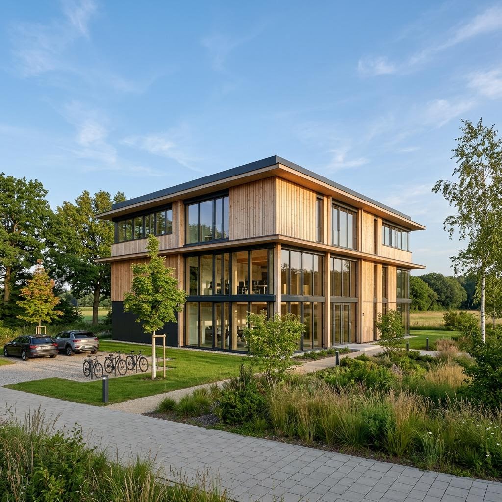 Bedrijfspand Objektbau Bürogebäude in Holzbauweise van WeberHaus met plat dak — prefab woning van 500 m²