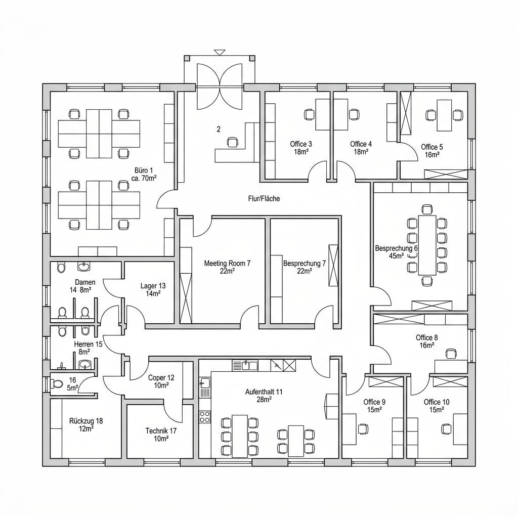 Plattegrond Objektbau Bürogebäude in Holzbauweise van WeberHaus — 500 m², 18 kamers
