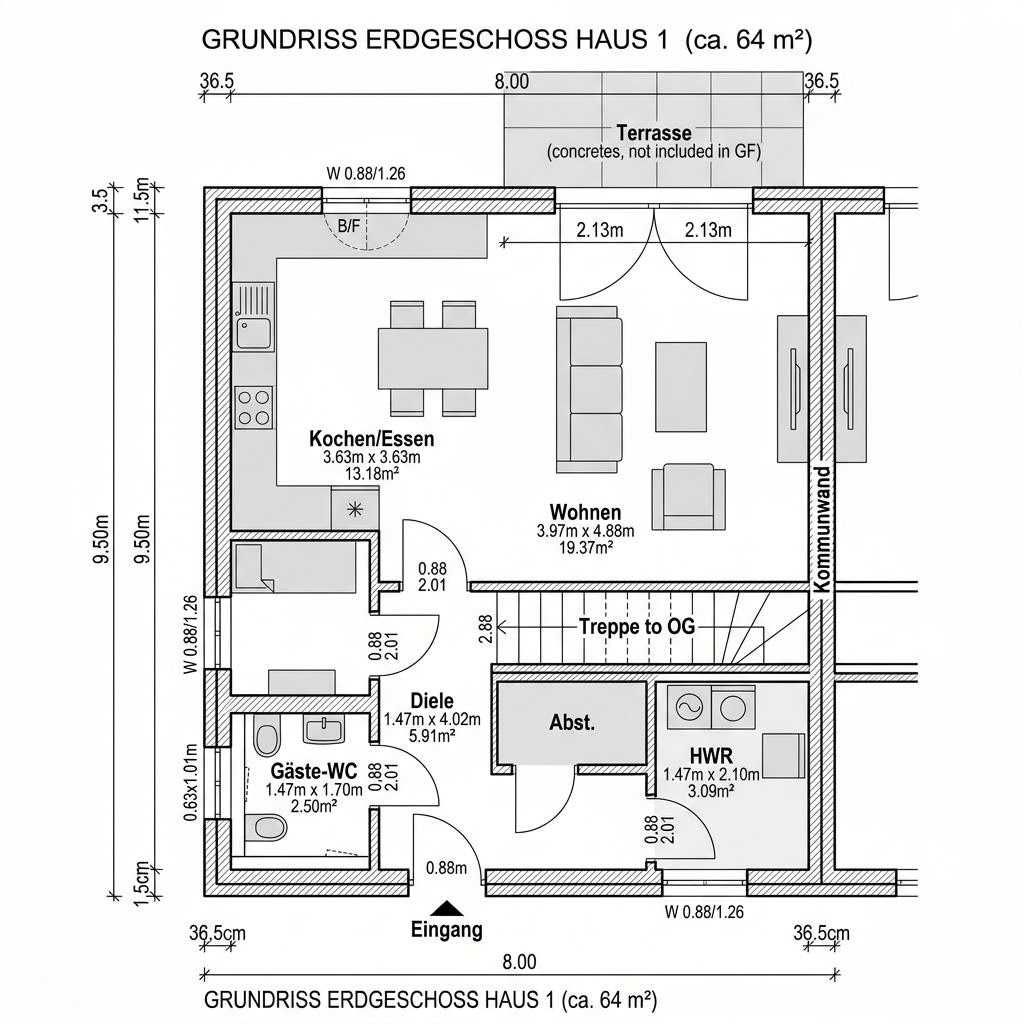 Plattegrond Doppelhaus Norden 128 van Eksjöhus — 128 m², 5 kamers