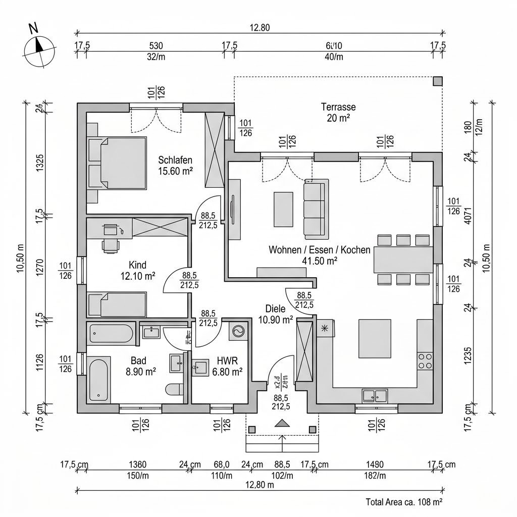 Plattegrond Bungalow Walm 108 van ELK Haus — 108 m², 3 kamers