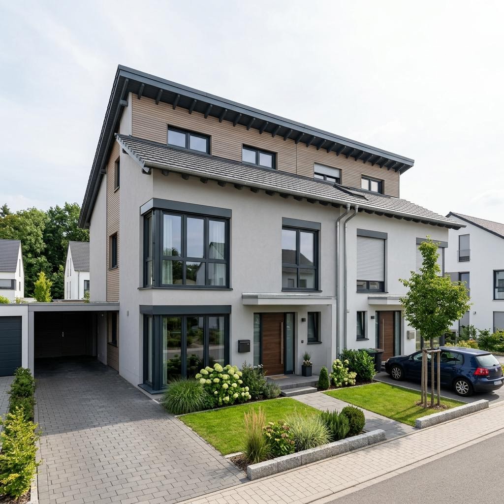 Twee-onder-een-kapwoning Doppelhaushälfte Meissen van FIBAV Immobilien met lessenaarsdak — prefab woning van 142 m²