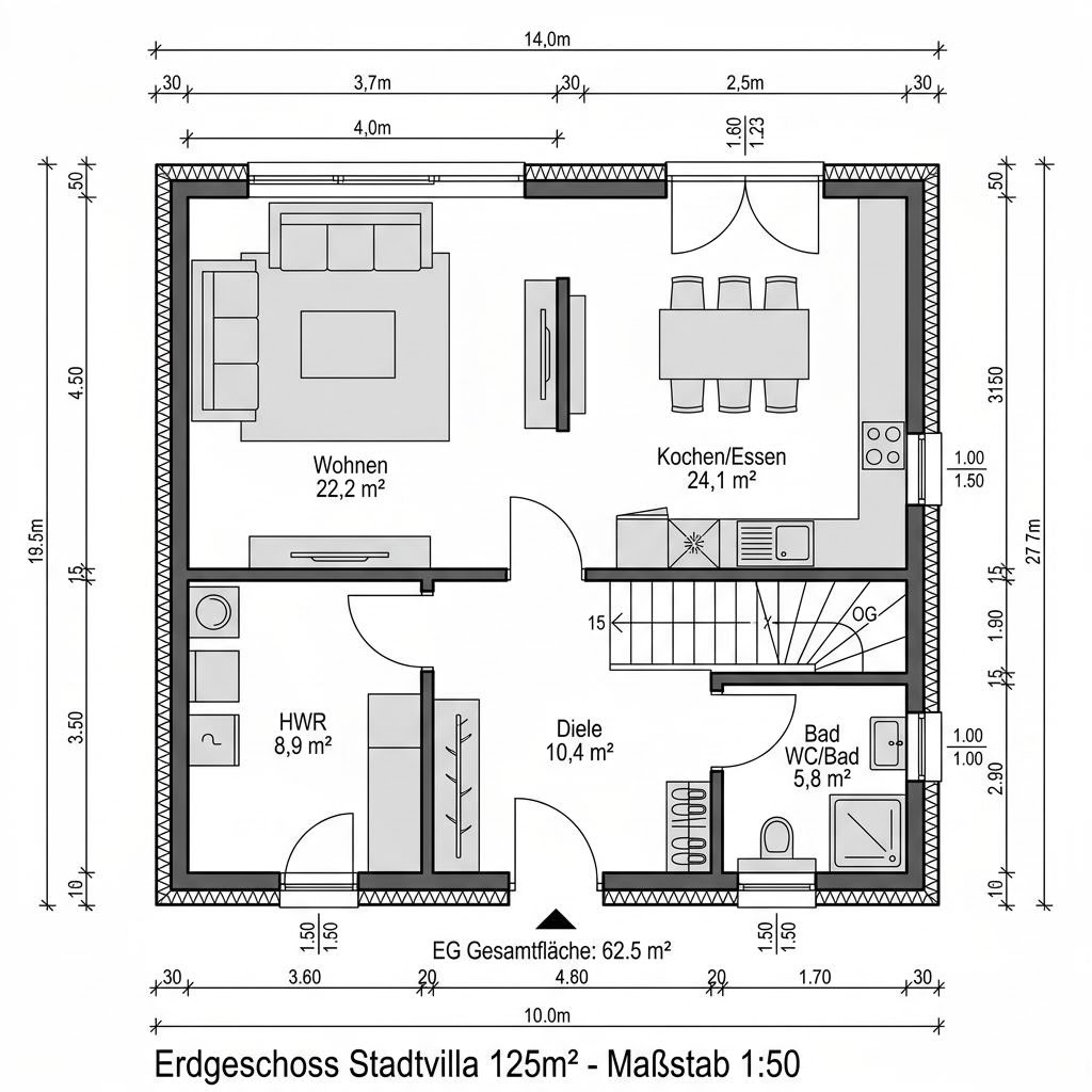 Plattegrond Stadtvilla Zelt 125 van FIBAV Massivhaus — 125 m², 4 kamers