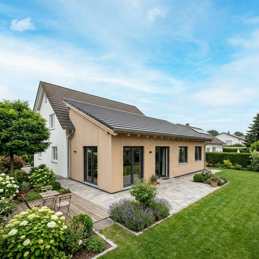 Aan- of opbouw Anbau Modul 64 van FingerHaus met aanslepend dakschild — prefab woning van 64 m²