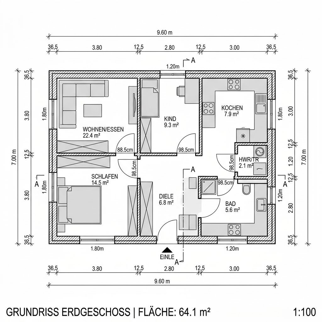 Plattegrond Anbau Modul 64 van FingerHaus — 64 m², 3 kamers