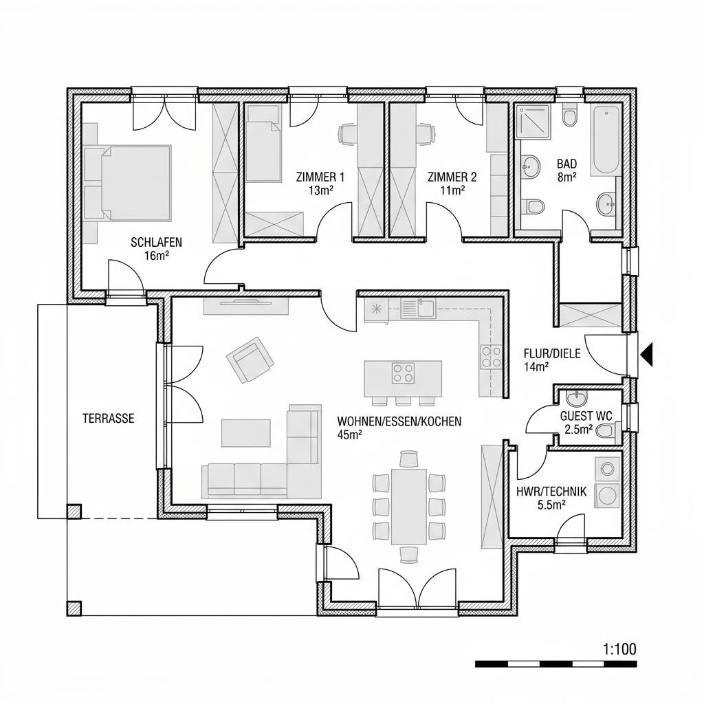 Plattegrond VIO Bungalow 110 van FingerHaus — 110 m², 4 kamers