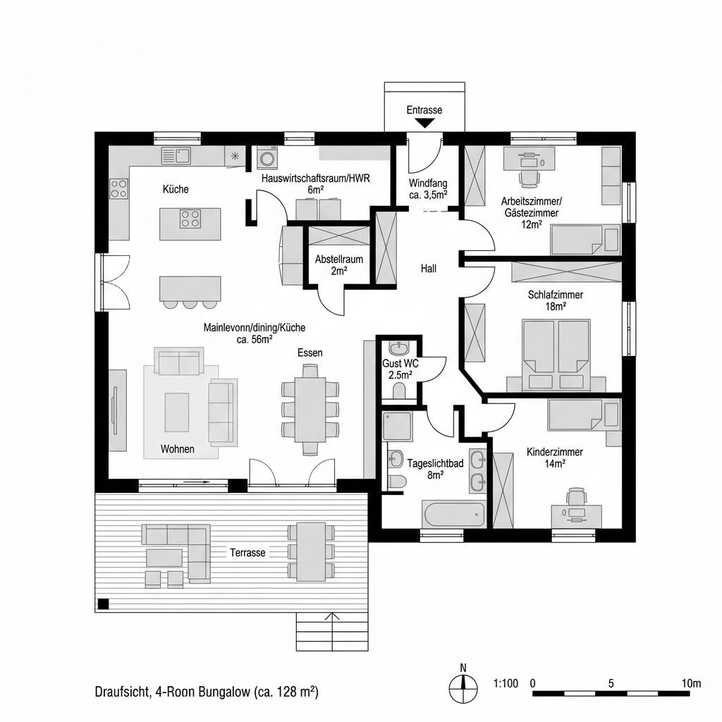 Plattegrond VIO Bungalow 128 van FingerHaus — 128 m², 4 kamers