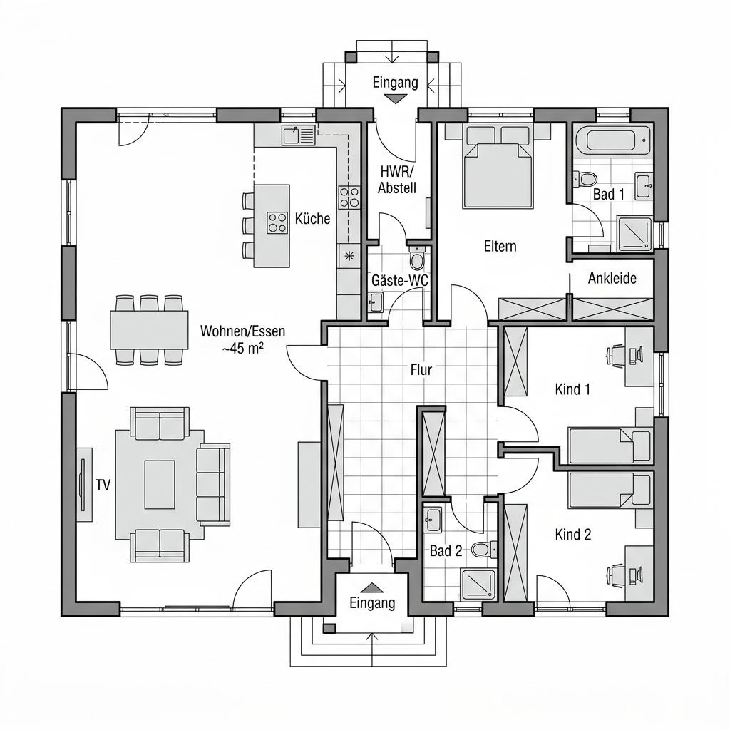 Plattegrond VIO Bungalow 135 van FingerHaus — 135 m², 5 kamers