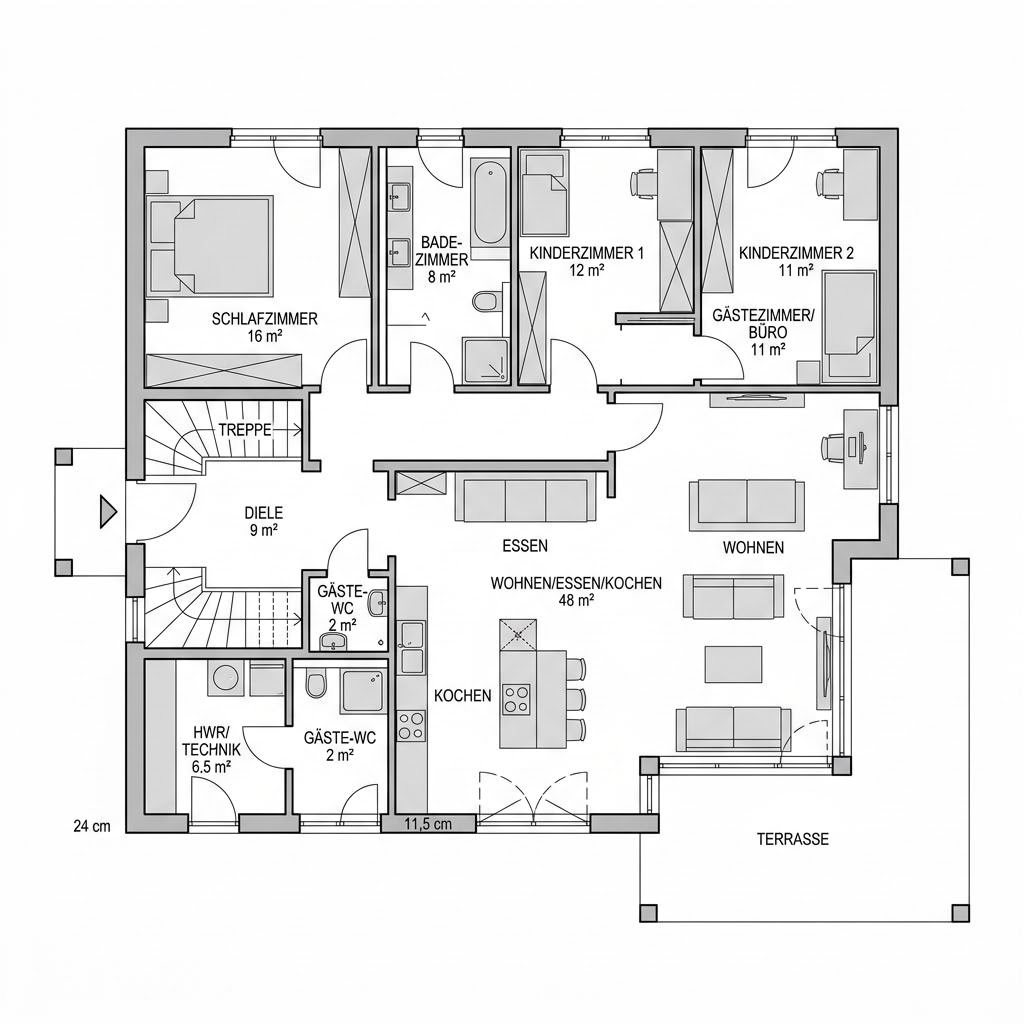 Plattegrond NEO 211 van FingerHaus — 136 m², 6 kamers