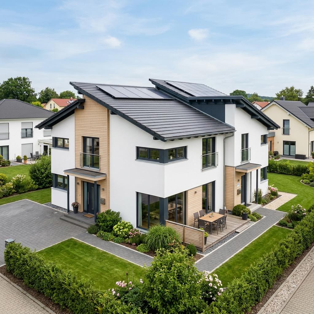 Meergeneratiewoning Mehrgenerationenhaus Versato 198 van Fingerhut Haus met verspringend lessenaarsdak — prefab woning van 198 m²
