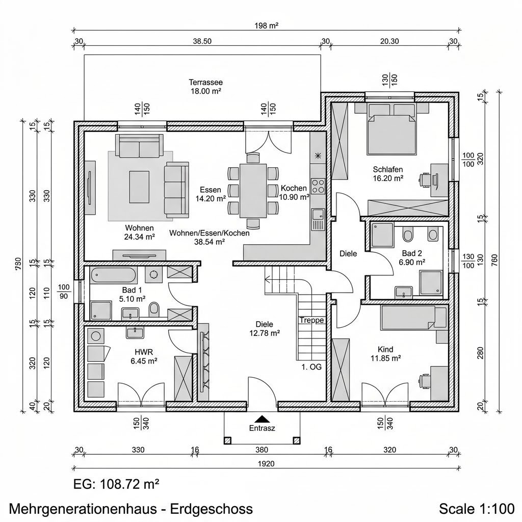 Plattegrond Mehrgenerationenhaus Versato 198 van Fingerhut Haus — 198 m², 7 kamers