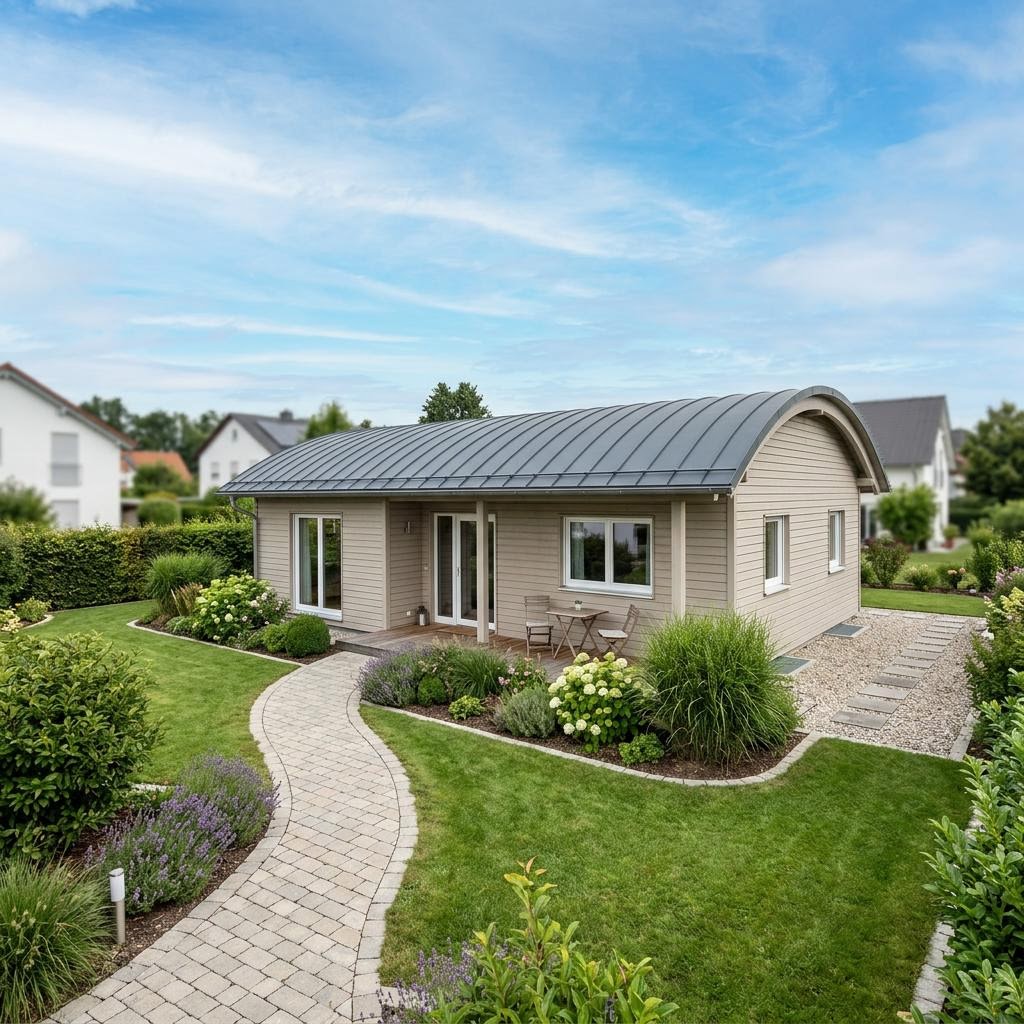Aan- of opbouw Anbau Modul 54 van FischerHaus met tonvormig dak — prefab woning van 54 m²