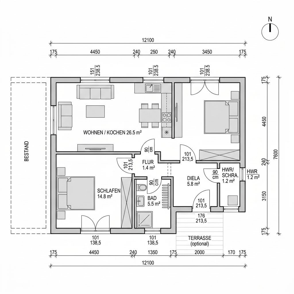 Plattegrond Anbau Modul 54 van FischerHaus — 54 m², 2 kamers