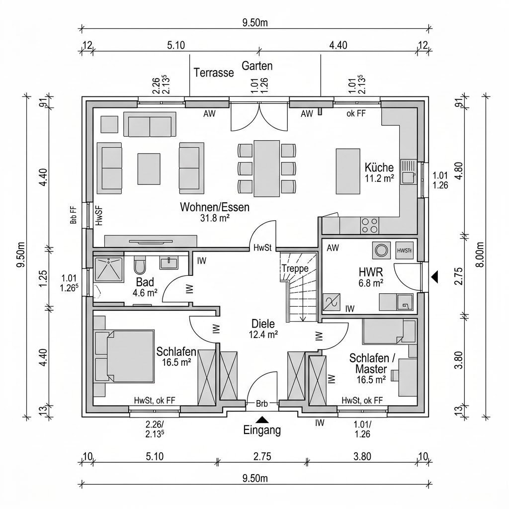 Plattegrond Kapitänshaus Friesland 130 van FischerHaus — 130 m², 5 kamers