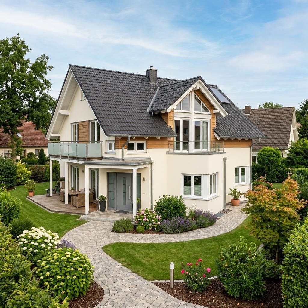 Kapiteinshuis Kapitänshaus Nordsee 158 van FischerHaus met zadeldak — prefab woning van 158 m²