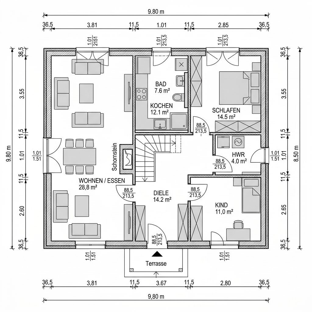 Plattegrond Kapitänshaus Nordsee 158 van FischerHaus — 158 m², 6 kamers