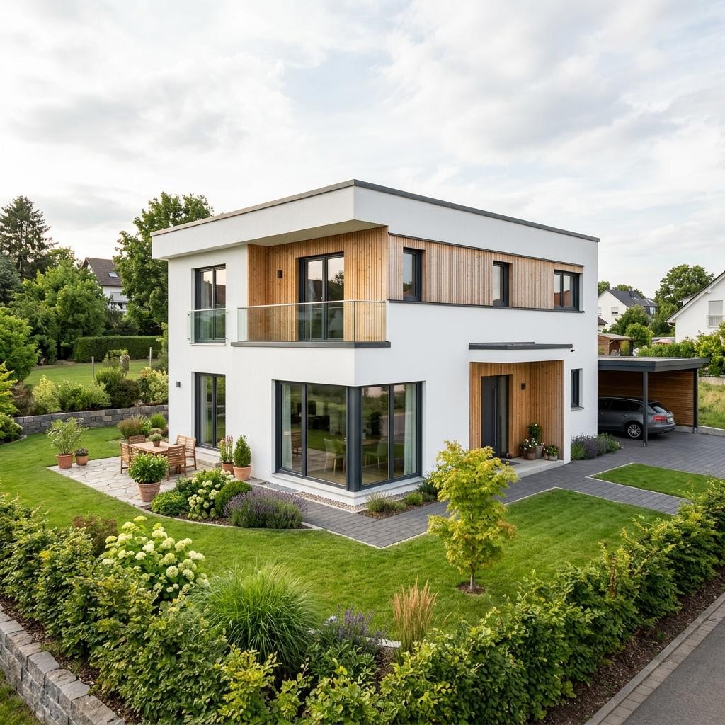 Eengezinswoning Kubus 142 van FischerHaus met plat dak — prefab woning van 142 m²