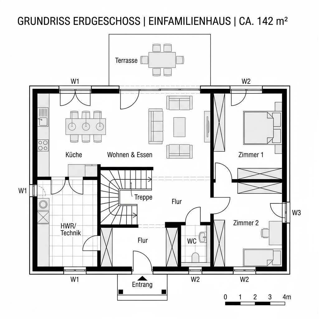 Plattegrond Kubus 142 van FischerHaus — 142 m², 5 kamers