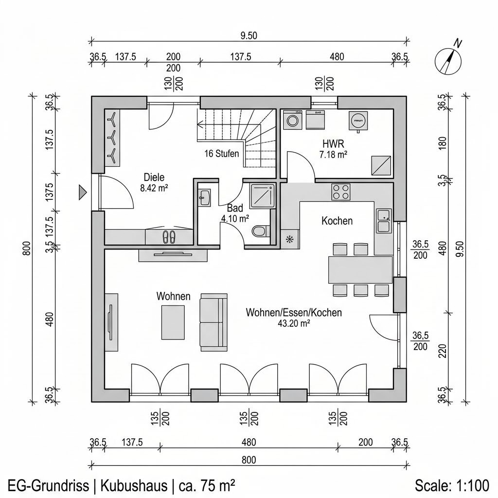 Plattegrond Kubushaus Quadro 138 van FischerHaus — 138 m², 4 kamers
