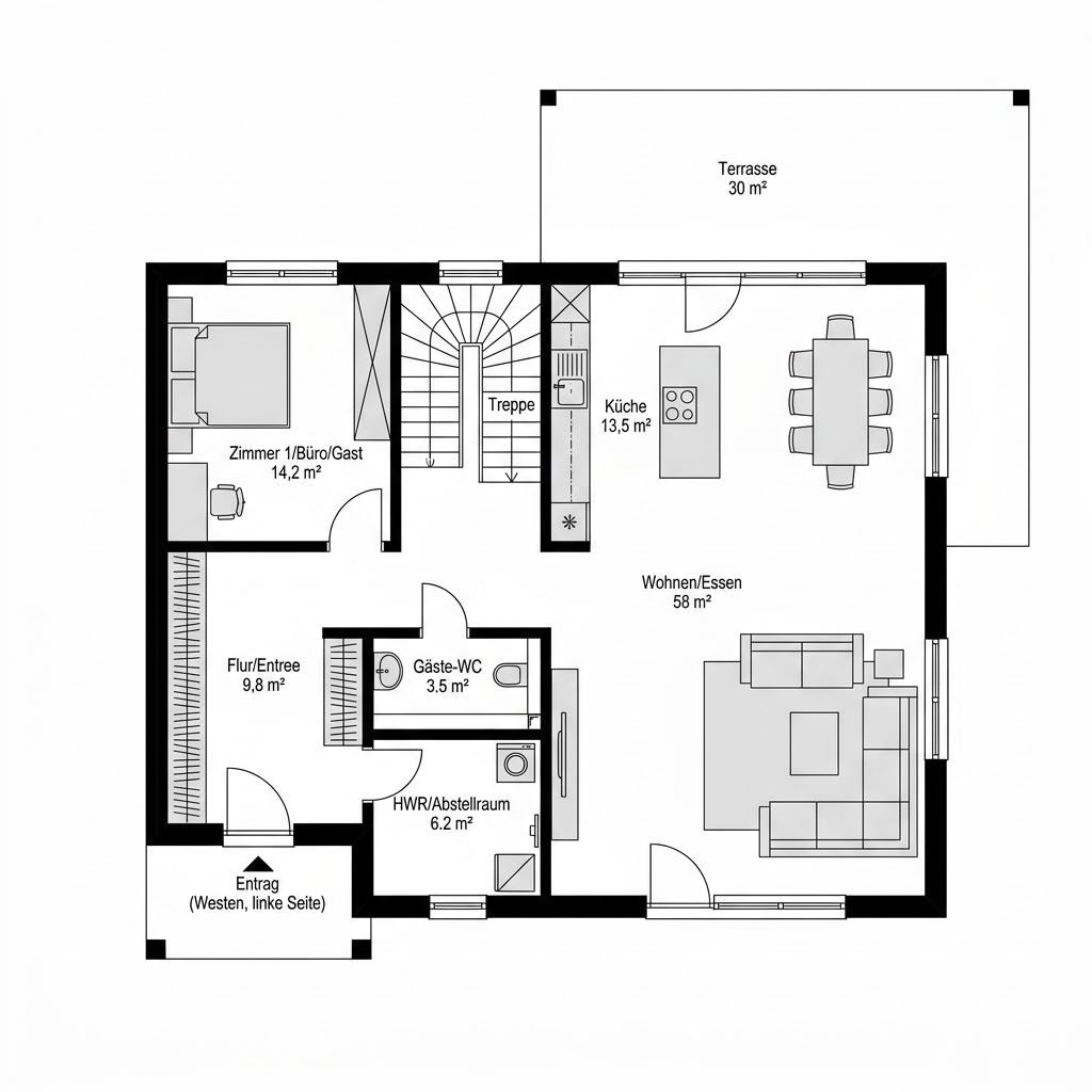 Plattegrond Pultdach 155 van FischerHaus — 155 m², 5 kamers