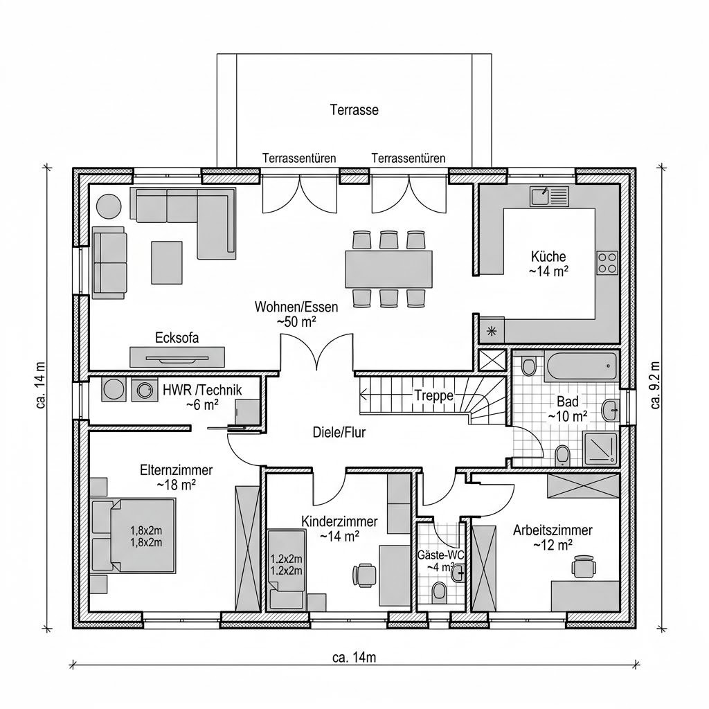 Plattegrond Satteldach 128 van FischerHaus — 128 m², 4 kamers