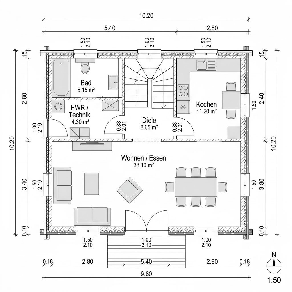 Plattegrond Holzhaus Bergen 132 van Fjorborg Holzhäuser — 132 m², 5 kamers
