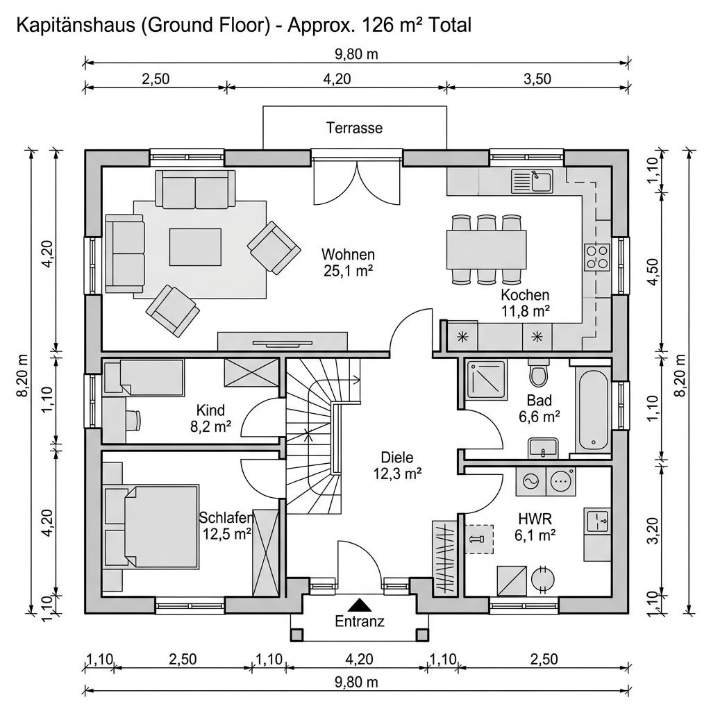 Plattegrond Kapitänshaus Jever 126 van Fjorborg Holzhäuser — 126 m², 4 kamers