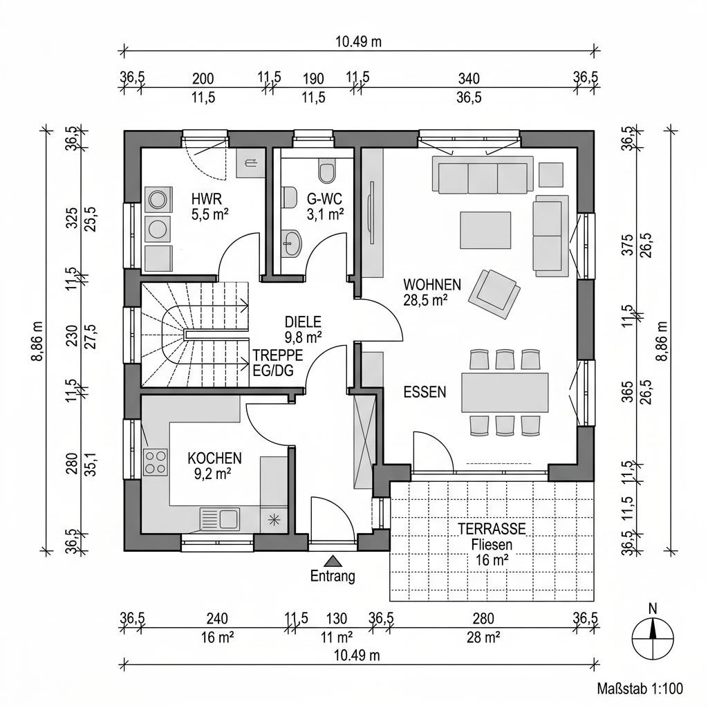 Plattegrond Kapitänshaus Wilhelmshaven 140 van Fjorborg Holzhäuser — 140 m², 5 kamers