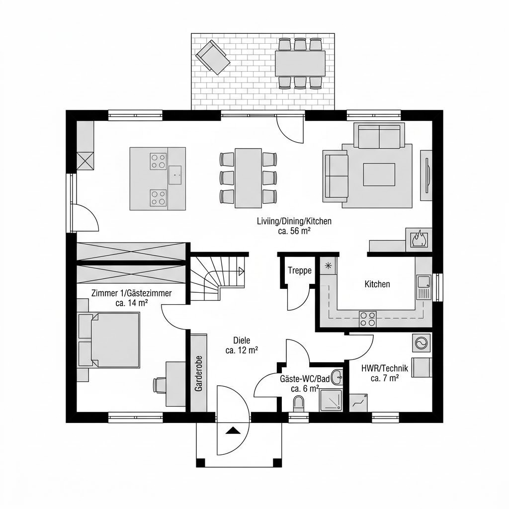 Plattegrond Göteborg van Fjorborg Häuser — 128 m², 5 kamers