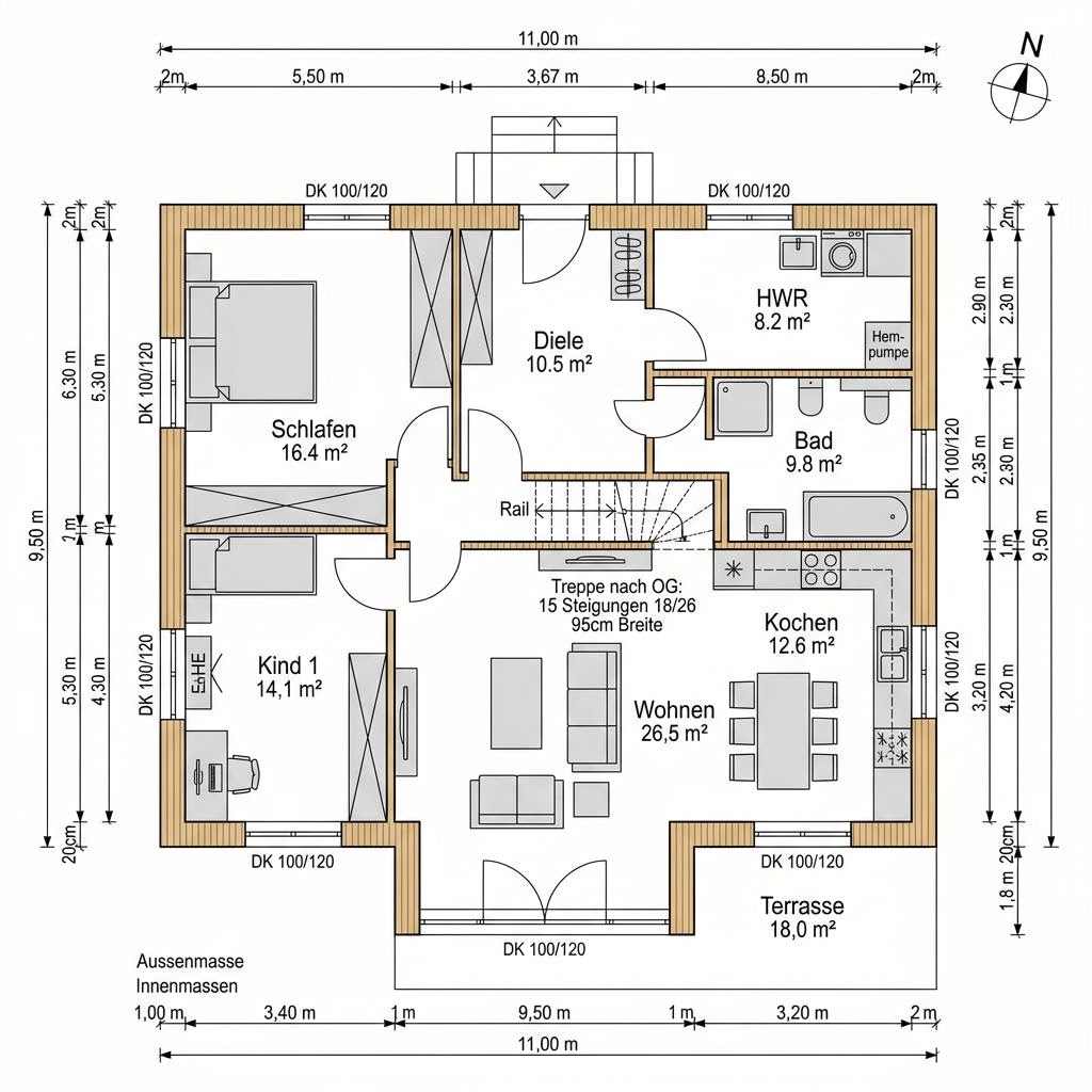 Plattegrond Schwedenhaus Kalmar 136 van Fjorborg Holzhäuser — 136 m², 5 kamers