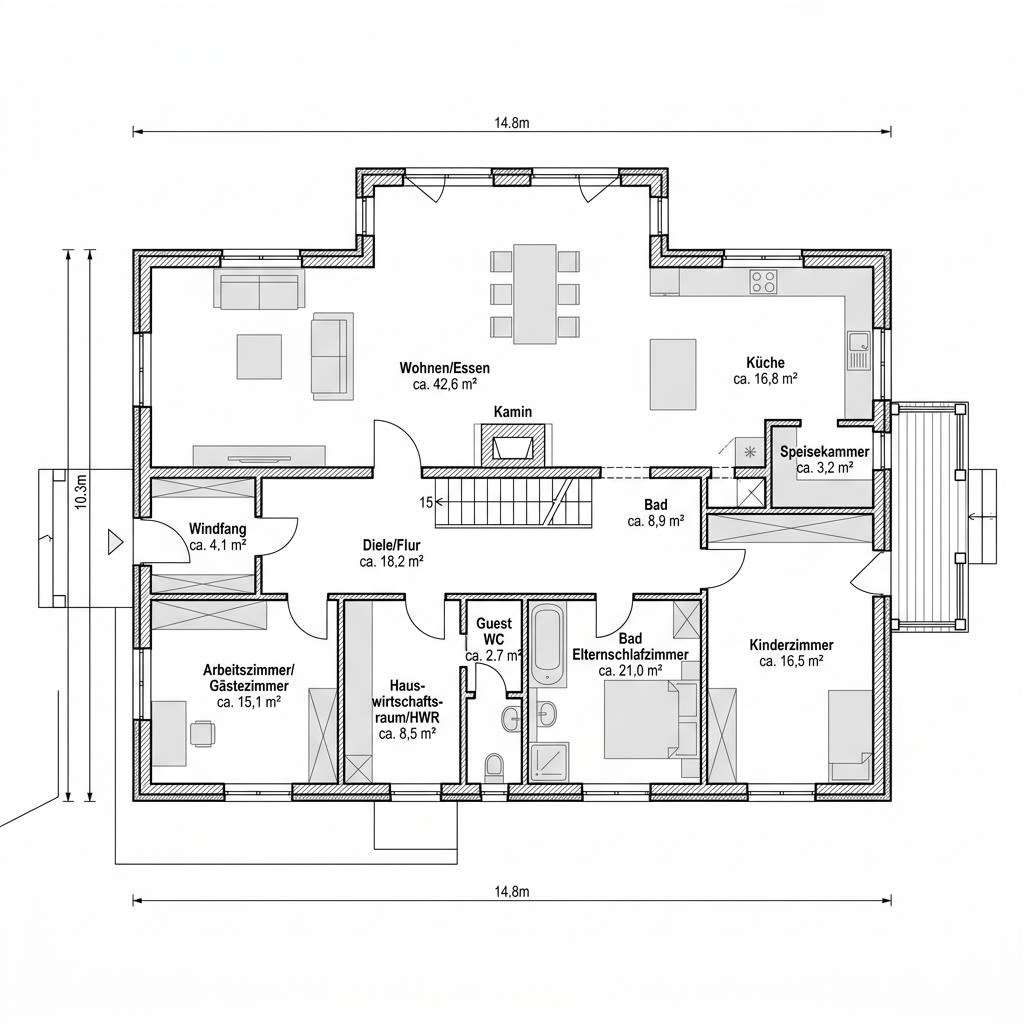 Plattegrond Malmö Zweigeschossig van Fjorborg Häuser — 152 m², 6 kamers