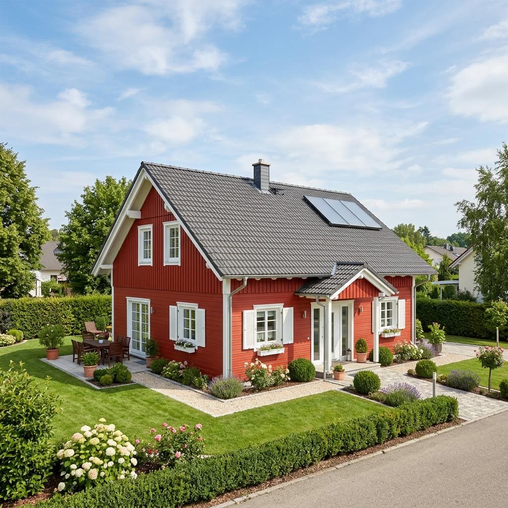 Zweeds huis Schwedenhaus Uppsala 118 van Fjorborg Holzhäuser met zadeldak — prefab woning van 118 m²