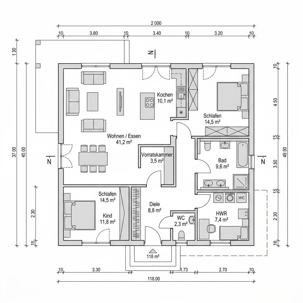 Plattegrond Schwedenhaus Uppsala 118 van Fjorborg Holzhäuser — 118 m², 4 kamers