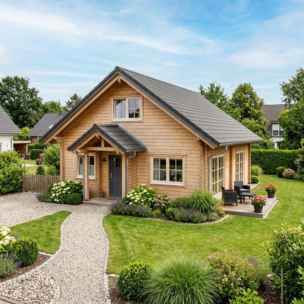 Compacte woning Singlehaus Fjord 76 van Fjorborg Holzhäuser met zadeldak — prefab woning van 76 m²