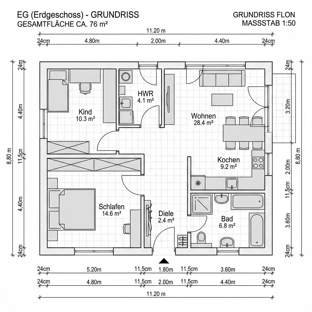 Plattegrond Singlehaus Fjord 76 van Fjorborg Holzhäuser — 76 m², 2 kamers