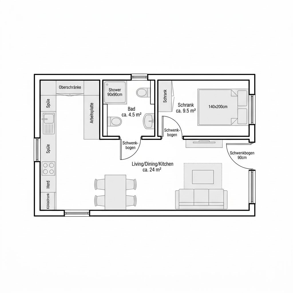 Plattegrond Skagen 38 van Fjorborg Häuser — 38 m², 2 kamers