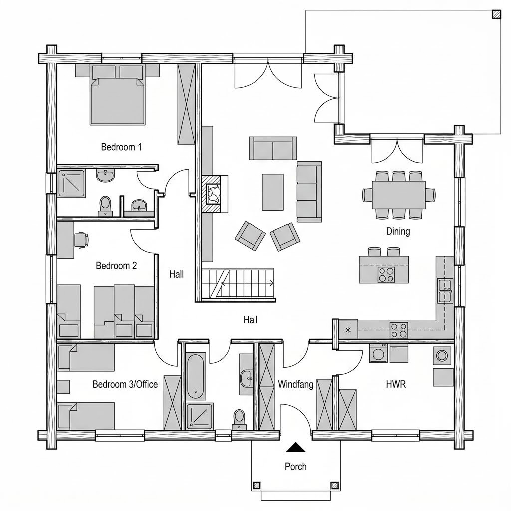 Plattegrond Landhaus 142 van Fuhrberger Blockhaus — 142 m², 5 kamers