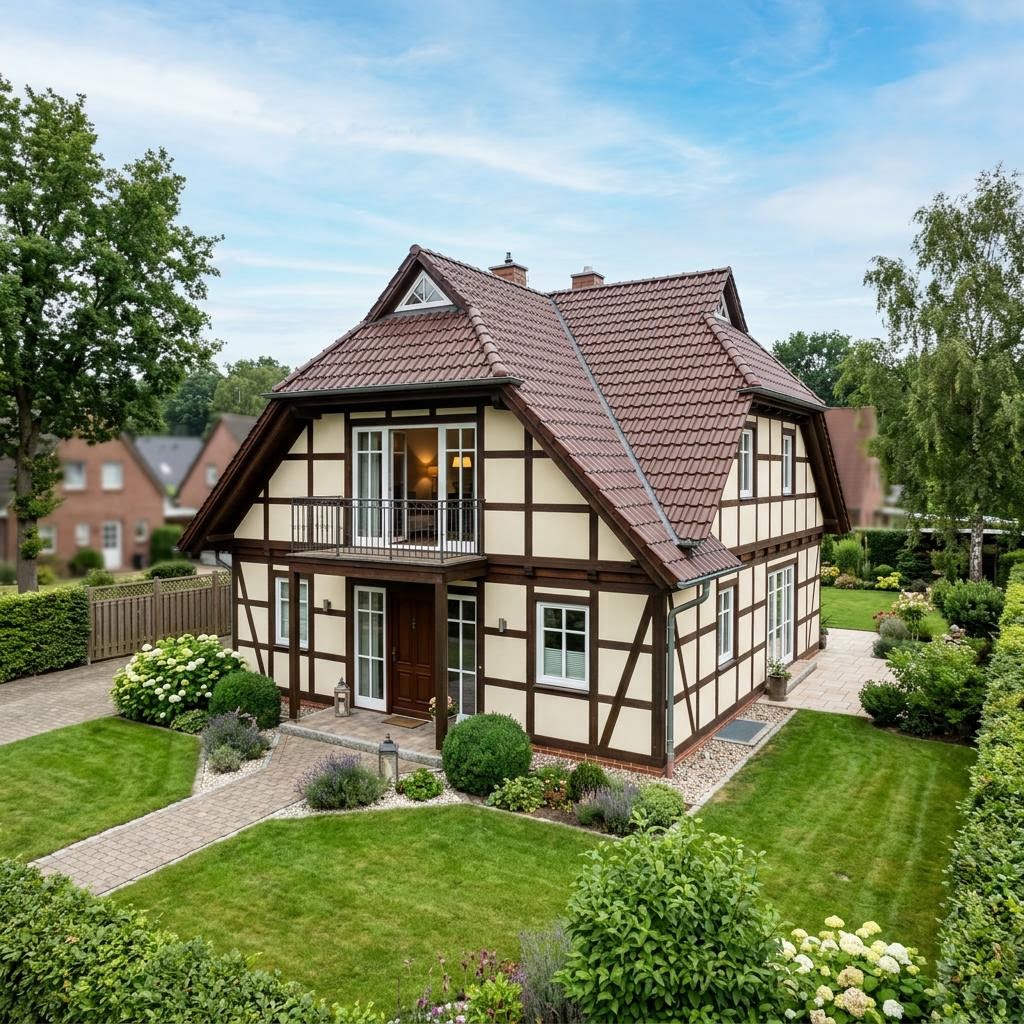 Vakwerkhuis Fachwerkhaus Hallenhaus 172 van Fuhrberger Fachwerkhaus met wolfsdak — prefab woning van 172 m²