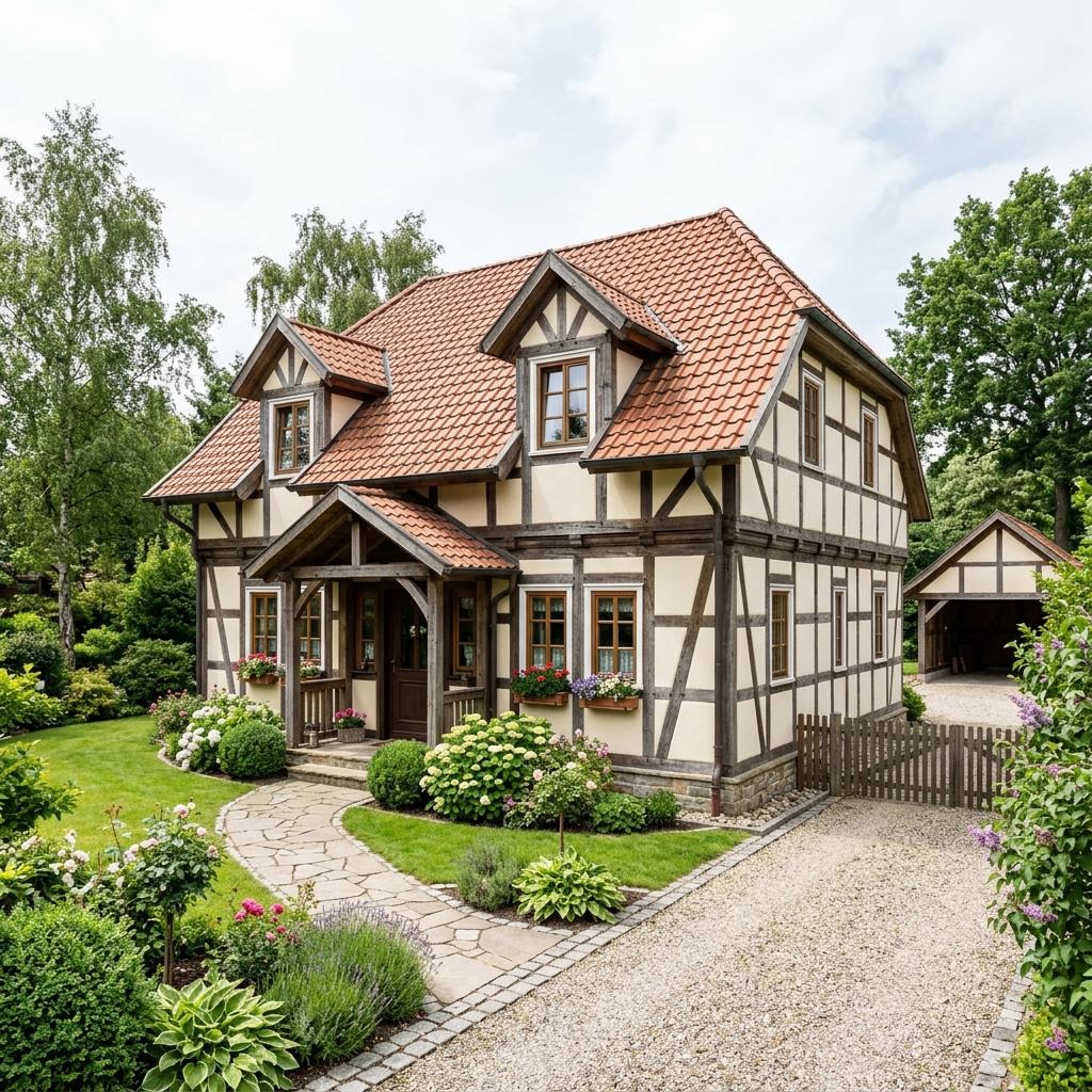 Vakwerkhuis Kate 112 van Fuhrberger Blockhaus met wolfsdak — prefab woning van 112 m²