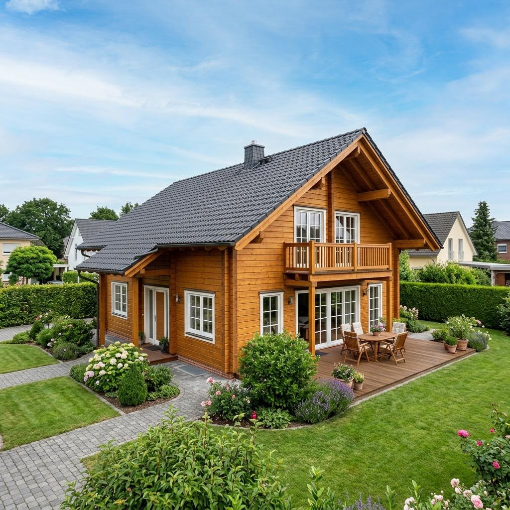 Blokhut Wohnblockhaus Allgäu 160 van Fullwood Wohnblockhaus met zadeldak — prefab woning van 160 m²