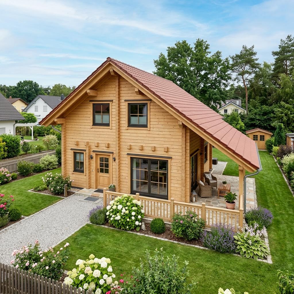 Blokhut Wohnblockhaus Harz 128 van Fullwood Wohnblockhaus met aanslepend dakschild — prefab woning van 128 m²