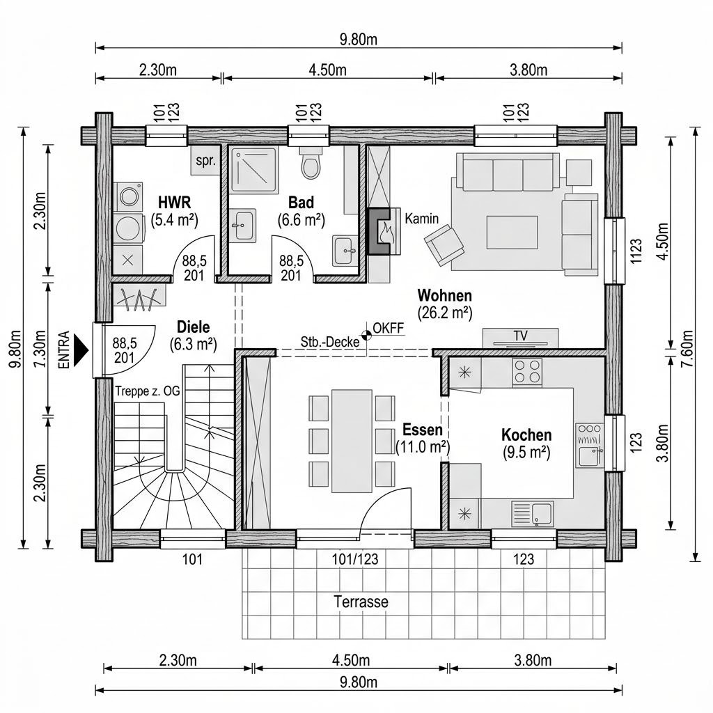 Plattegrond Wohnblockhaus Harz 128 van Fullwood Wohnblockhaus — 128 m², 5 kamers