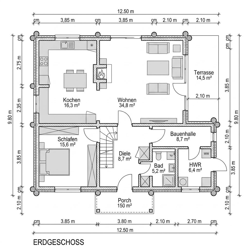 Plattegrond Wohnblockhaus Sauerland 150 van Fullwood Wohnblockhaus — 150 m², 5 kamers