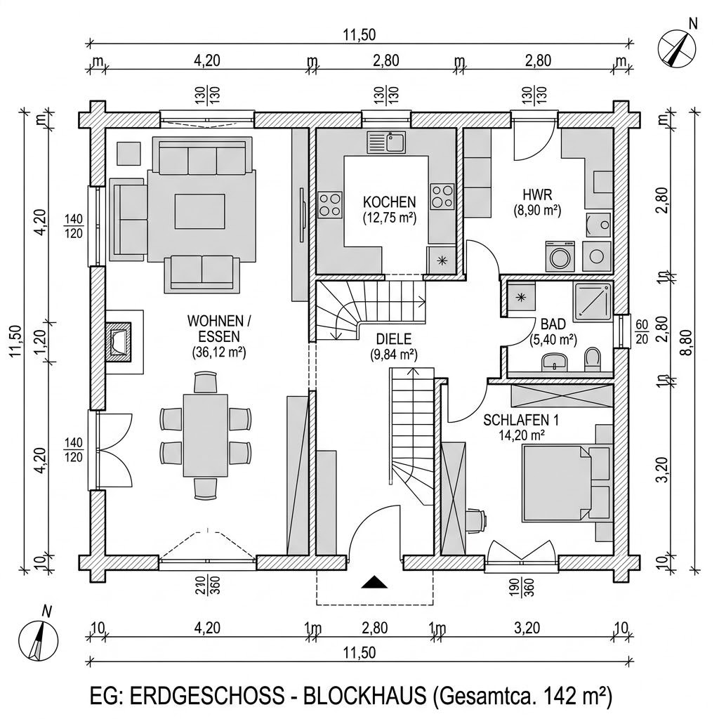 Plattegrond Wohnblockhaus Schwarzwald 142 van Fullwood Wohnblockhaus — 142 m², 5 kamers