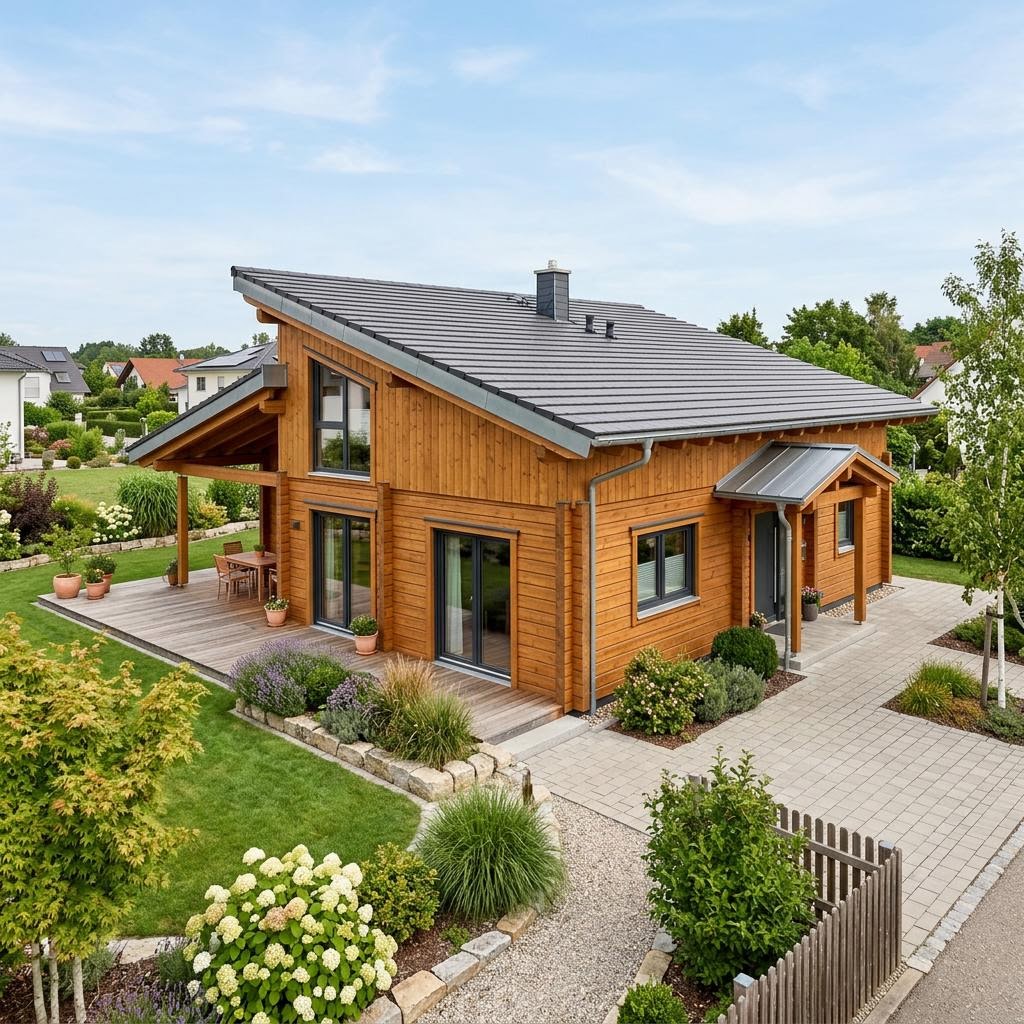 Blokhut Wohnblockhaus Taunus 105 van Fullwood Wohnblockhaus met lessenaarsdak — prefab woning van 105 m²